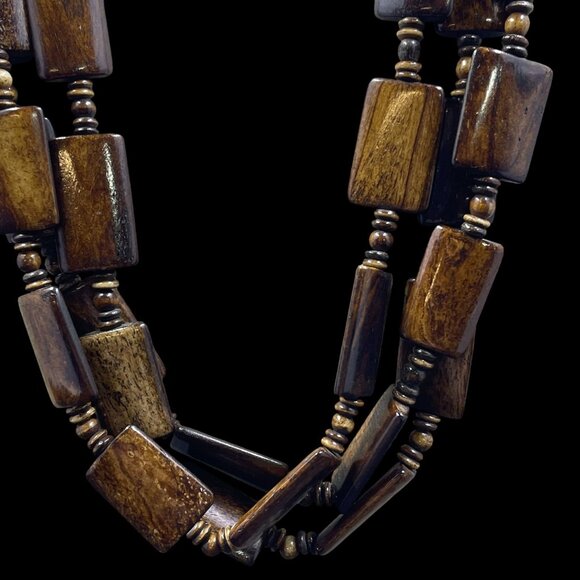 Park Lane Wood Beaded Layered Necklace Boho Earthy Rustic Organic Statement - Picture 4 of 9